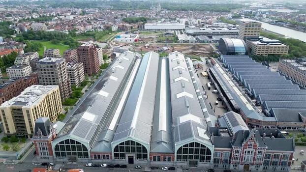 Aerial view of the historic Tour and Taxis industrial halls Belgium.