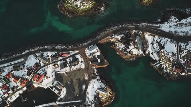 Aerial view of Henningsv&aelig;r harbor Norway.