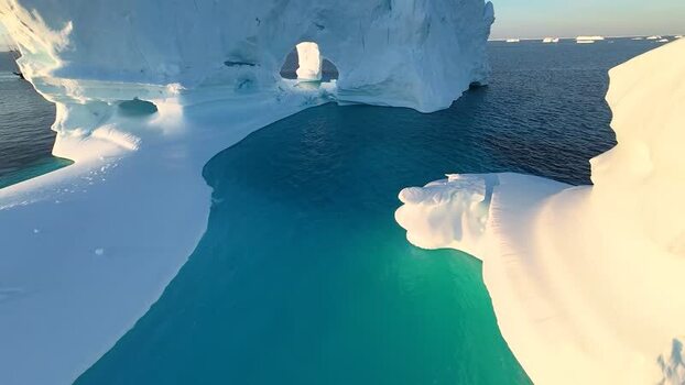 FPV aerial view of arch iceberg Greenland. FPV aerial view of arch iceberg Greenland.