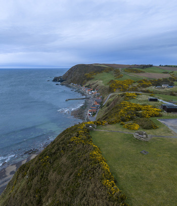 Aerial view of the historic fishing village of Crovie nestled at the base of steep cliffs covered in yellow gorse bushes along the rugged coastline of Crovie Scotland United Kingdom.