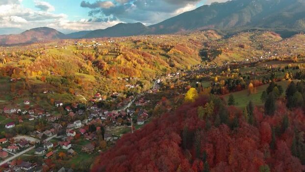 Aerial view of autumn landscape in Transylvania Romania.