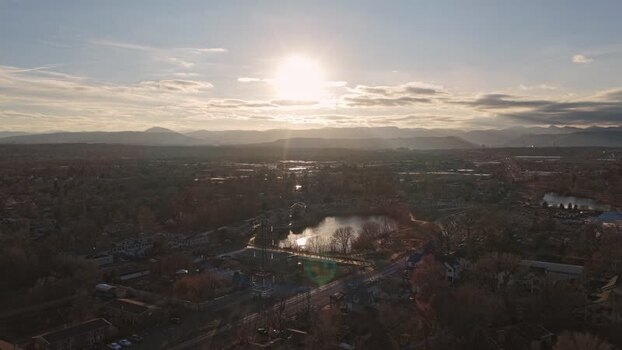 Aerial view of Denver at sunset United States.