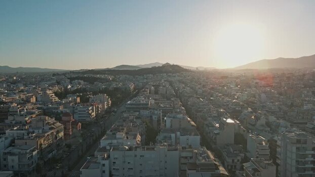 Aerial view of the urban landscape and rooftops in Athens Greece.