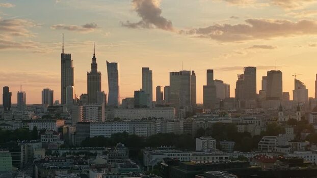 Aerial view of Warsaw skyline at sunset Poland.