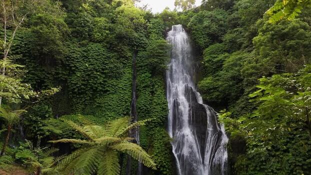 Aerial view of waterfall in lush jungle Indonesia.