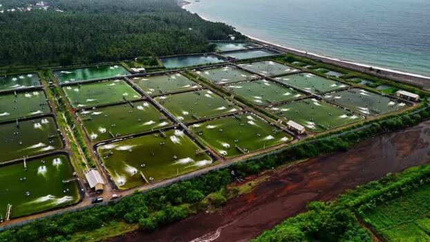 Aerial view of aquaculture shrimp ponds in Bali Indonesia.
