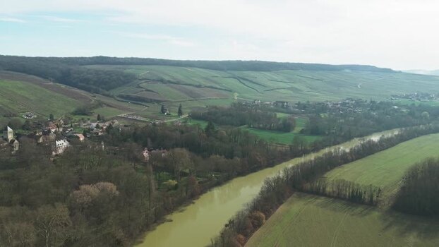 Aerial view of river flowing Courthi&eacute;zy France.