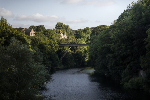 View of the River Wear flowing beneath a bridge surrounded by lush green trees and historic buildings in Durham England United Kingdom. View of the River Wear flowing beneath a bridge surrounded by lush green trees and historic buildings in Durham England United Kingdom.