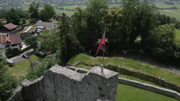 Aerial view of stone castle ruins in Liechtenstein.