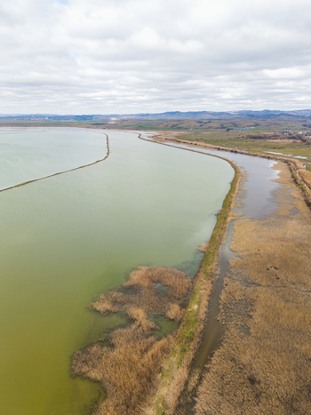 Aerial view of Lake Atanasovsko featuring greenish water separated by narrow dikes and surrounded by dry reeds under a cloudy sky in Burgas Burgas Bulgaria. Aerial view of Lake Atanasovsko featuring greenish water separated by narrow dikes and surrounded by dry reeds under a cloudy sky in Burgas Burgas Bulgaria.