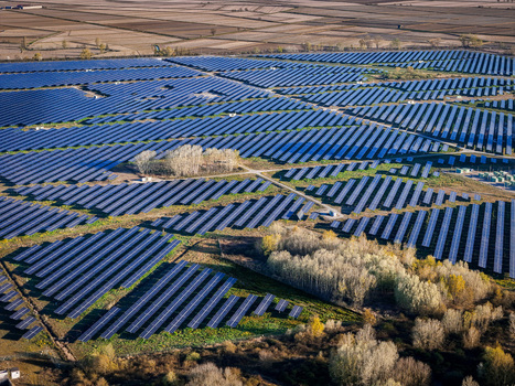 Trino Italy 30 March 2026 Aerial view of solar panels stretching across the landscape reflecting the sky amidst the muted tones of the autumnal fields. Trino Italy 30 March 2026 Aerial view of solar panels stretching across the landscape reflecting the sky amidst the muted tones of the autumnal fields.