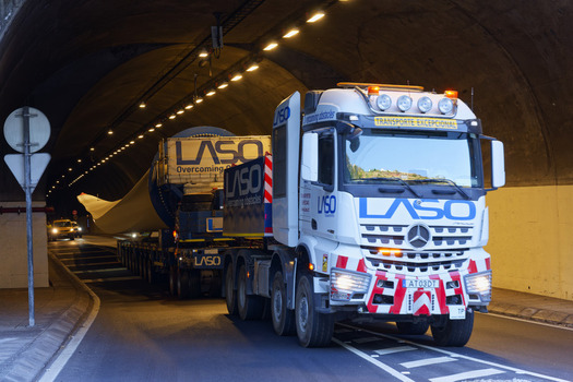 Estreito da Calheta Madeira Portugal 20 September 2026 View of a LASO heavy transport truck carrying a large wind turbine blade through a tunnel. Estreito da Calheta Madeira Portugal 20 September 2026 View of a LASO heavy transport truck carrying a large wind turbine blade through a tunnel.