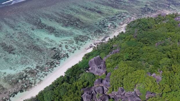 Aerial view of Anse Reunion beach in La Digue Seychelles.