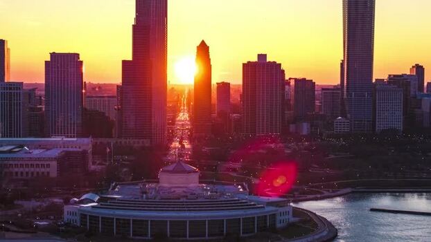 Aerial view of Chicago skyline at sunset United States.