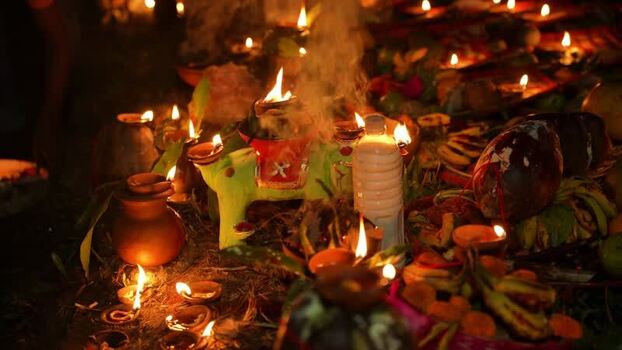 View of traditional oil lamps burning at night Bangladesh.