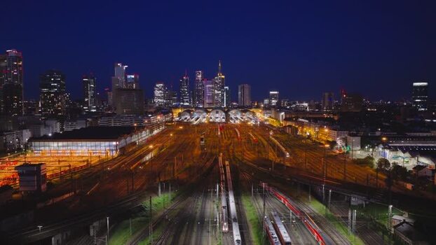 Aerial view of Hauptbahnhof and the city skyline Germany.