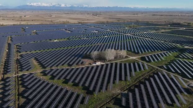 Aerial view of solar park in Trino Italy.