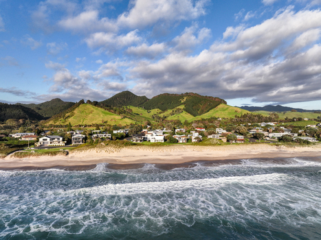 Aerial view of the coastal town of Whiritoa featuring a sandy beach rolling green hills and residential houses along the shoreline in Whiritoa Waikato Region New Zealand.