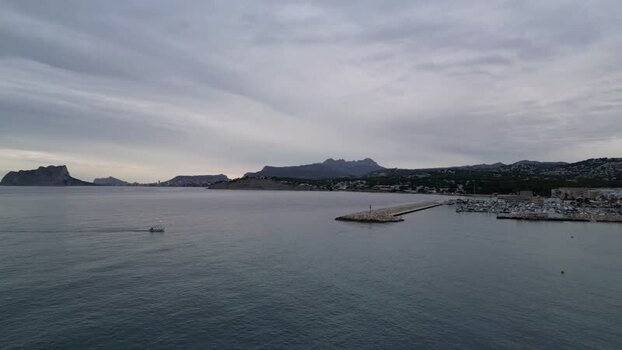 Aerial view of Moraira harbor and coastline Spain.