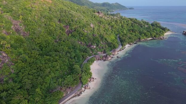 Aerial view of coastal road on Praslin island Seychelles.