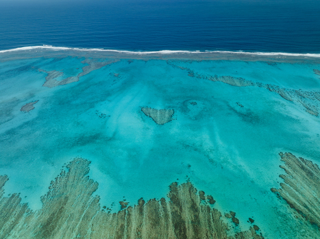 Aerial view of the vibrant turquoise waters embrace the intricate coral formations creating a mesmerizing heart beneath the surface Noumea South Province New Caledonia.