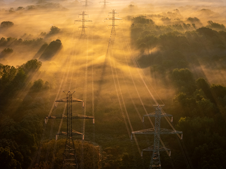 Aerial view of transmission lines and towers emerging through dense morning fog at sunrise with golden light illuminating the surrounding forest in Bridgman Michigan United States.