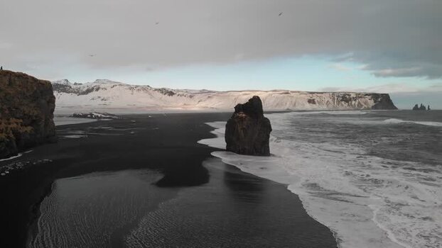 Aerial view of Reynisfjara Beach and sea stacks in Iceland.