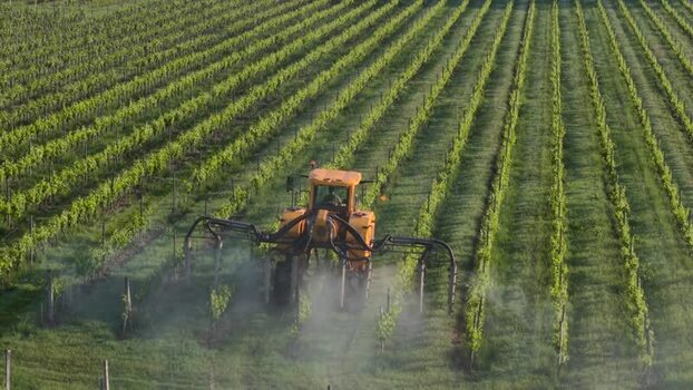 Aerial view of a tractor working in a vineyard France. Aerial view of a tractor working in a vineyard France.