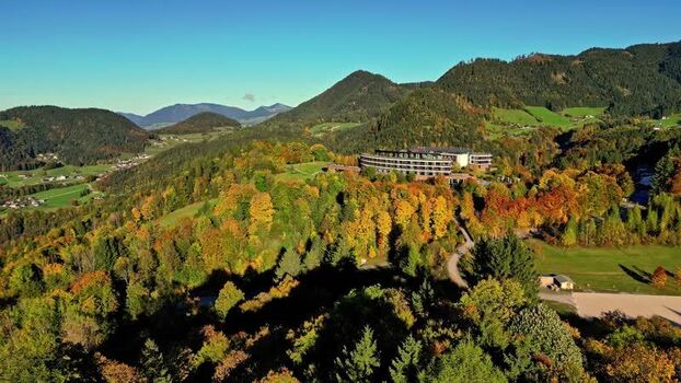 Aerial view of a mountain hotel in Berchtesgaden Germany.