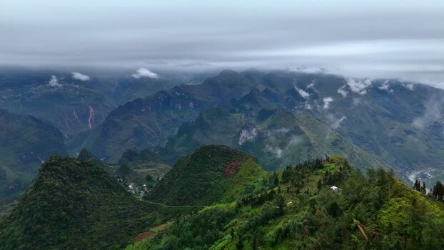 Aerial view of the Ha Giang Loop mountains Vietnam.