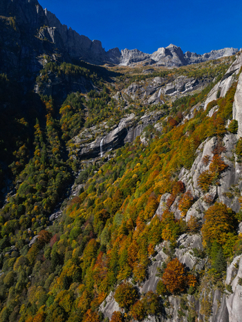 Aerial view of the Val di Mello valley featuring steep granite cliffs autumn colored forests and a cascading waterfall under a clear blue sky in Val Masino Lombardia Italy. Aerial view of the Val di Mello valley featuring steep granite cliffs autumn colored forests and a cascading waterfall under a clear blue sky in Val Masino Lombardia Italy.