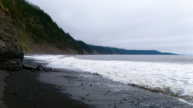Aerial view of the Lost Coast featuring a black sand beach and waves crashing against steep forested cliffs under an overcast sky in Humboldt County California United States.