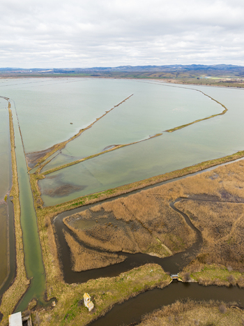 Aerial view of Lake Atanasovsko featuring salt pans narrow dikes and dry reeds under a cloudy sky in Burgas Burgas Bulgaria. Aerial view of Lake Atanasovsko featuring salt pans narrow dikes and dry reeds under a cloudy sky in Burgas Burgas Bulgaria.