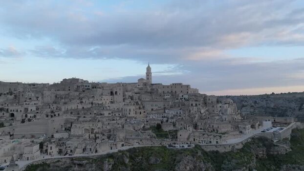 Aerial view of Sassi di Matera historic stone dwellings Italy.