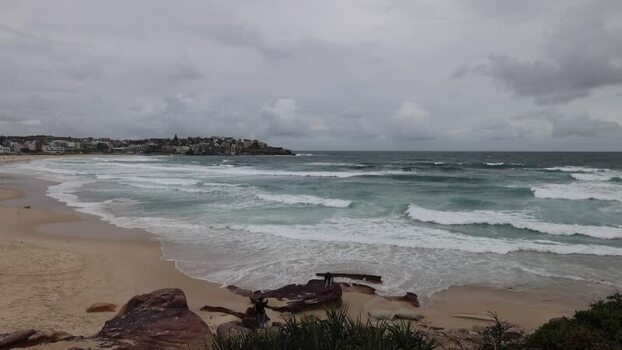 View of Bondi Beach with ocean waves in Sydney Australia.