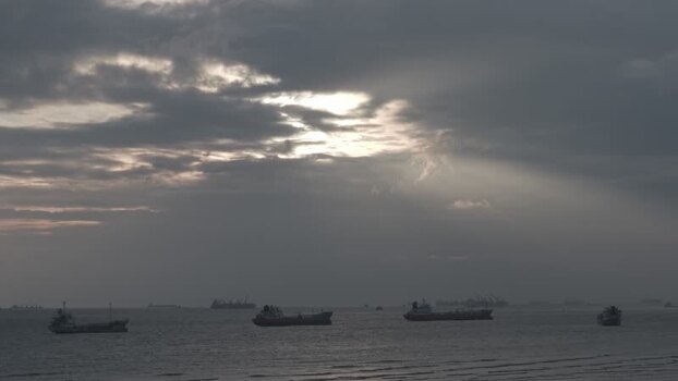 Aerial view of ships anchored off Parki Beach Bangladesh.