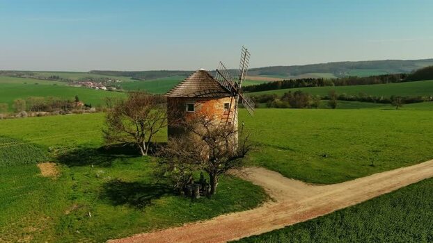 Aerial view of historic windmill in South Moravian Region Czechia.