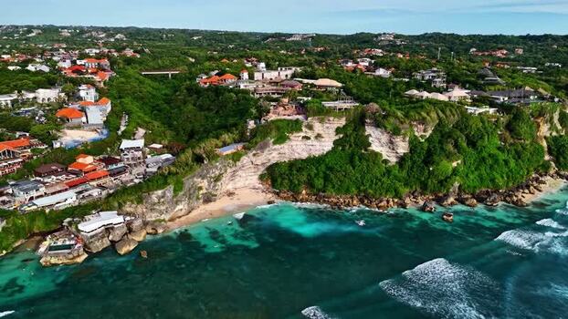 Aerial view of Uluwatu cliffs and coastal resorts Indonesia.