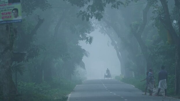 View of a foggy road with people and a rickshaw in Bogura Bangladesh. View of a foggy road with people and a rickshaw in Bogura Bangladesh.