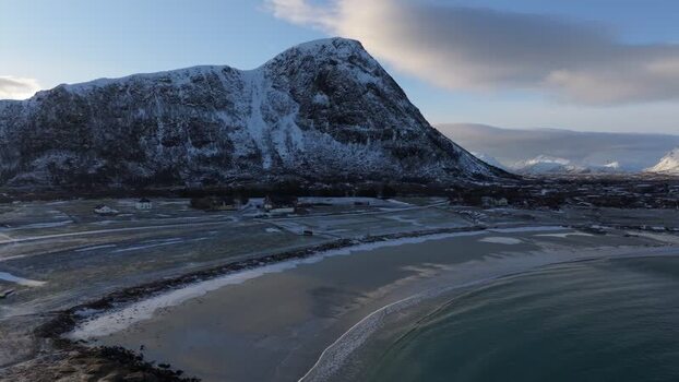 Aerial view of Lofoten mountains and beach Norway.
