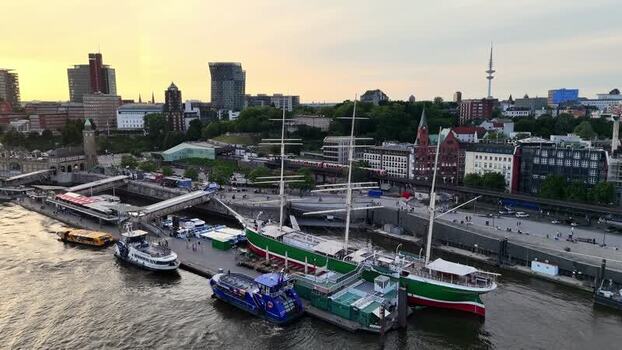 Aerial view of Landungsbrucken and Rickmer Rickmers Germany.