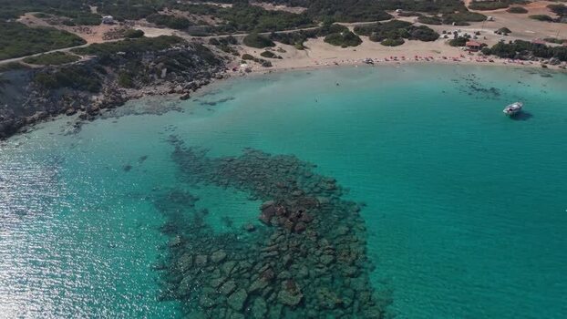 Aerial view of turquoise bay and rocky seabed in Northern Cyprus.