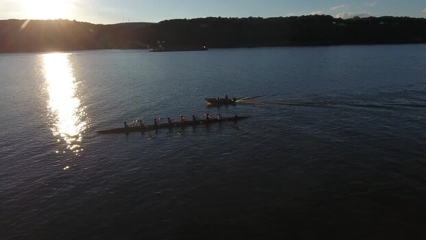 Aerial view of rowers on the Hudson River at sunset United States.