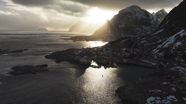 Aerial view of Tind village surrounded by mountains Norway.