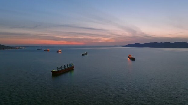 Aerial view of cargo ships on the Columbia River United States.
