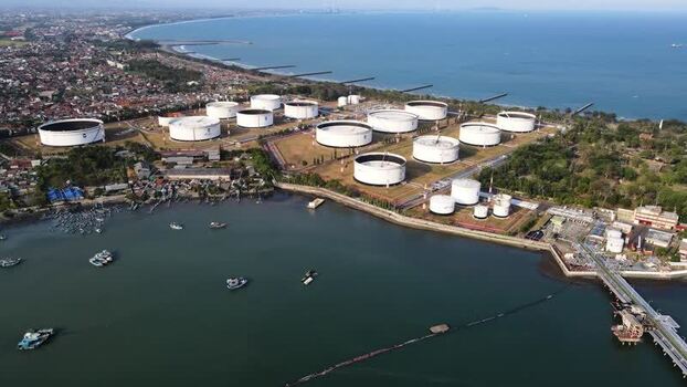 Aerial view of oil storage terminal in Cilacap Regency Indonesia. Aerial view of oil storage terminal in Cilacap Regency Indonesia.