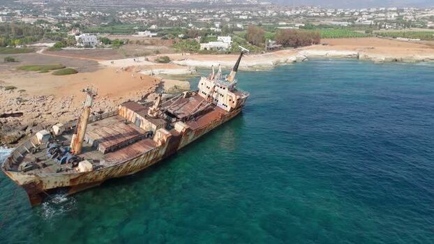 Aerial view of shipwreck on the coast of Cyprus.