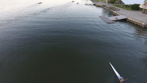 Aerial view of rowing shells on the Hudson River United States.