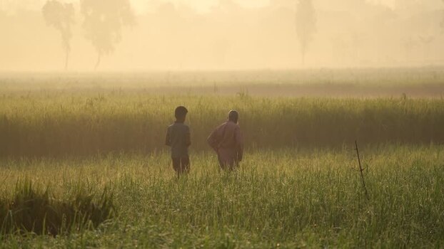 View of two people walking in a misty field in Bogura Bangladesh.