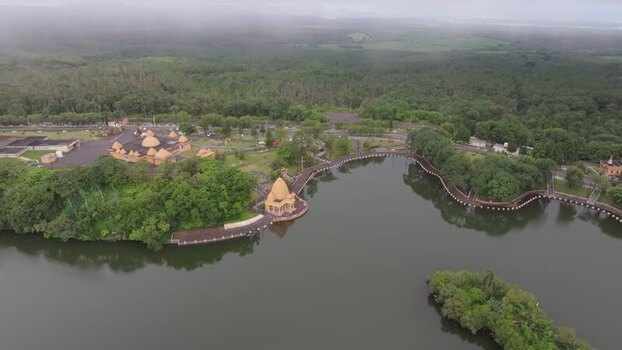 Aerial view of Grand Bassin temple and lake in Mauritius.
